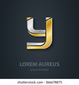Vector elegant gold and silver font. Letter Y. Template for company logo. 3d Design element, logotype or icon.