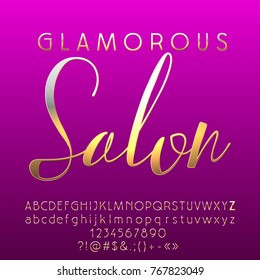 Vector elegant golden shiny banner Glamorous Salon. Set of elite Calligraphic Alphabet Letters, Numbers and Symbols