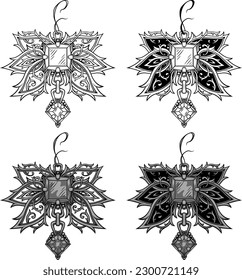 Vector elegant gothic jewelry design. Four concept options of decor elements. Line art, grayscale, with black color