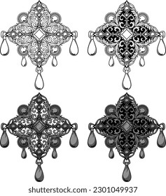 Vector elegant gothic jewelry design. Four concept options of decor elements. Line art, grayscale, with black color