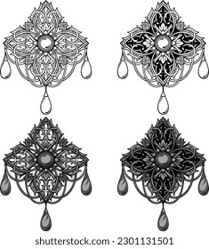 Vector elegant gothic jewelry design. Four concept options of decor elements. Line art, grayscale, with black color