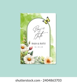 Vector elegant green floral wedding invitation template with watercolor background