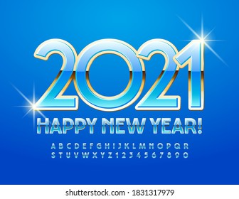 Vector elegant greeting card Happy New Year 2021! Glamour shiny Font. Blue and Gold Alphabet Letters nd numbers set