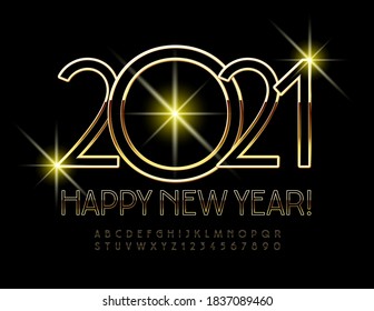 Vector elegant greeting card Happy New Year 2021! Shiny Black and Gold Font. Premium style Alphabet Letters and Numbers