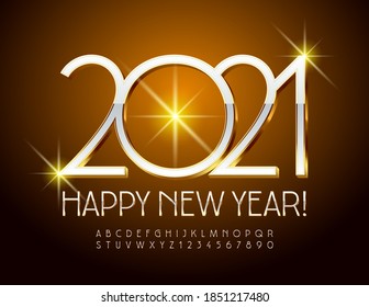 Vector elegante tarjeta de saludo Feliz Año Nuevo 2021! Chic White y Gold Font. Conjunto de letras y números de letras y letras de alfabeto brillante de lujo