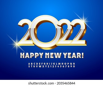 Vektor elegante Grußkarte Frohes Neujahr 2022! Alphabet Letters and Numbers set White and Gold. elegante 3D-Schrift