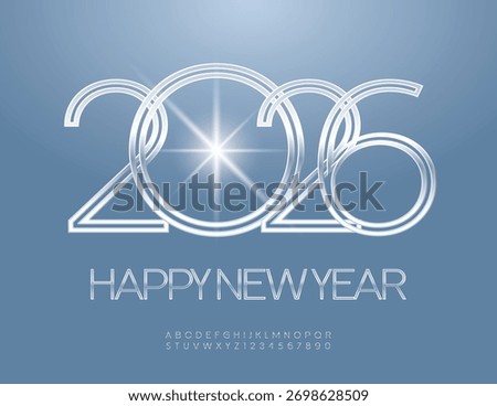 Vector Elegant Greeting Card Happy New Year 2026! Stylish Cool Font. Exclusive SilverAlphabet Letters and Numbers set.