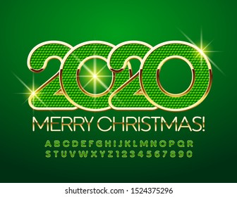 Vector elegante tarjeta de saludo Feliz Navidad 2020! Tipo de letra delgada en mayúsculas. Letras y números de alfabeto dorado y verde