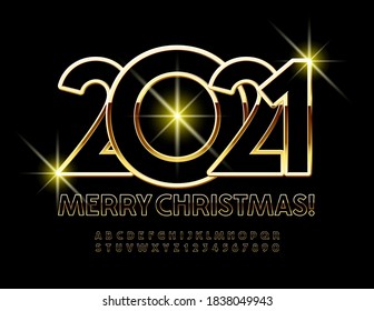 Vector elegante tarjeta de saludo Feliz Navidad 2021! Fuente moderna de color negro y oro. Juego de letras y números de alfabeto de élite
