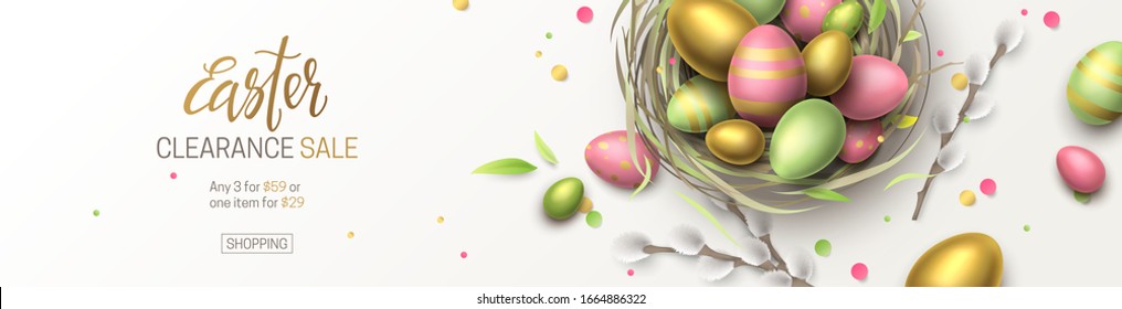 Vector elegant horizontal easter sale banner with confetti, 3d pussy willow and realistic golden, green, pink eggs in bird's nest. Festive background with place for text for flyer with discount offer.