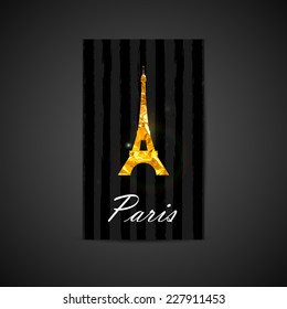 Vector elegant illustration of black card with golden foil Eiffel tower sign on brushed stripe texture. postcard design with a symbol of Paris