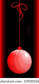 Elegante ilustración vectorial con la bola roja de navidad inclinada colgada en una cinta roja con un arco sobre el fondo de gradiente rojo y negro