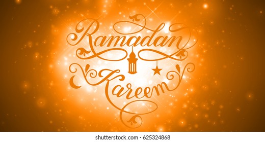 Vector elegant lettering Ramadan Kareem. Muslim holy month illustration with shiny calligraphy, star, crescent moon, mosque and sparkles. Ramazan holiday. 