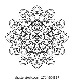 Vetor mandala de arte de linha elegante com intrincados elementos de folha e flor. Este ornamento botânico monocromático é um gráfico de design escalável de alta qualidade para têxteis, estampas, convites ou tatuagens. Geometria sagrada e inspirada na natureza