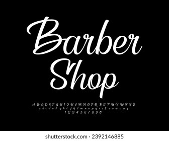 Vector elegant logo Barber Shop.  White cursive Font. Calligraphic set of Alphabet Letters and Numbers