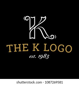 Vector elegant logo design template with white K letter compiled of ribbons on black background