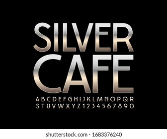 Vector elegant logo Silver Cafe. Reflective metal Font. Chrome Alphabet Letters and Numbers
