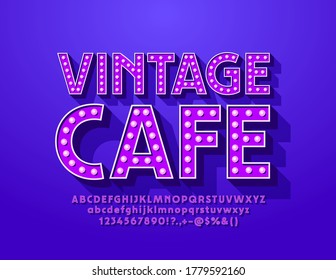 Vector elegant logo Vintage Cafe. Violet Lamp Font. Retro Light Bulb Alphabet Letters and Numbers