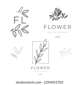 Vector elegant logos design templates set in trendy linear style. Emblems for floral shop or studio, wedding florist