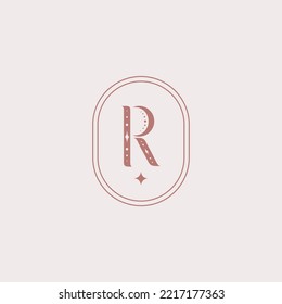 Vector elegant magic letter R. Logo for jewelry, bead ornaments. Magic symbol. Emblem for astrologers, tarot readers, coaches. Linear illustration. Stars, lines, geometric shapes.