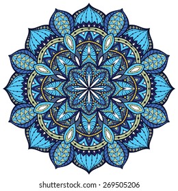 Vector, elegant mandala, with intricate detail. Stained glass in blue colors. Oriental element of decor.