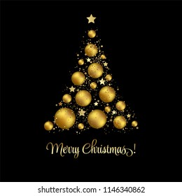 Vector elegant Merry Christmas tree with gold evening baubles