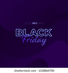 Vector elegant neon light black friday square banner template. Light blue text on dark modern wavy liquid background. Design element for poster, ad, sale, greeting card, voucher