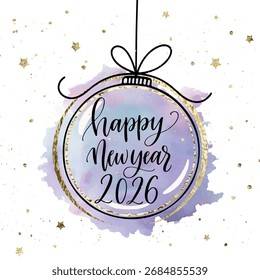 Vetor elegante cartão de cumprimentos de Ano Novo 2026 com ornamento aquarela, estrelas douradas e caligrafia festiva. Perfeito para convites, cartazes e decoração de férias.