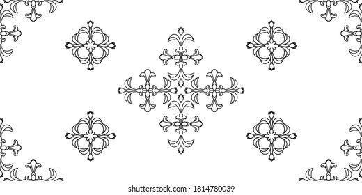 Vector Elegant Ornate Tile Seamless Pattern. White And Black Background Retro Hindu Monochrome Motif