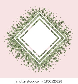 Vector elegant pattern of green leaves on a pink background. Wedding invitation, invite thank you, modern card design: green tropical palm leaf greenery and frame template.