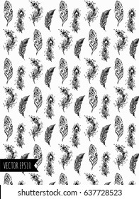 Vector elegant pattern for package or fabric design. Pattern with feathers drawn by hand