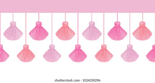 Vector Elegant Pink Decorative Tassels Set Horizontal Seamless Repeat Border Pattern. Great for handmade cards, invitations, wallpaper, packaging, nursery designs.