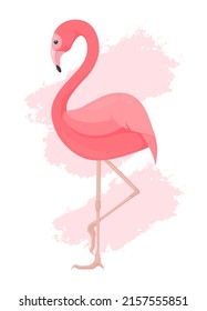 Vector Elegant Pink Flamingo Stands On One Paw With Its Head Down. Profile Of Exotic Bright Bird. Wild Animal Illustration On Paint Abstract Blot Background . Wild Nature. Decorative Flat Character.