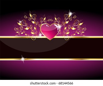 Vector elegant purple heart card with black golden ribbon