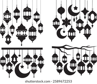 Vector Elegant Ramadan Lantern Silhouettes with Crescent Moon and Stars