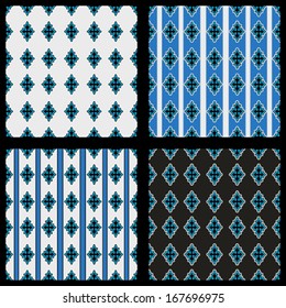 Vector elegant retro style blue seamless pattern set