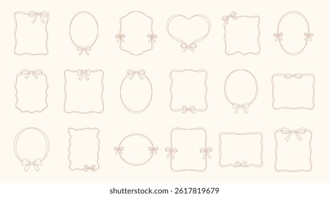 Vector Elegant Ribbon Frames with Bows Collection. Hand Drawn Frame Set. Linear Oval, Heart, Wavy and Square Frame for Wedding Invitation, Scrapbook Page or Valentine Design