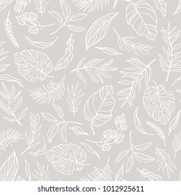 Vector elegant seamless background with foliage. Wedding endless  pattern in light grey color. Leaves in line art style.
