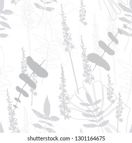 Vector elegant seamless background with foliage and flowers. Seamless pattern in light grey color. Leaves in line art style. Wedding invitation backdrop design.