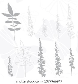 Vector elegant seamless background with foliage and flowers. Seamless pattern in light grey color. Leaves in line art style. Wedding invitation backdrop design.