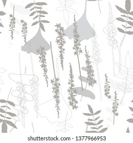 Vector elegant seamless background with foliage and flowers. Seamless pattern in light grey color. Leaves in line art style. Wedding invitation backdrop design.