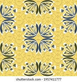 Vector elegant seamless chic floral repeat pattern in navy and charcoal on a yellow decorative background