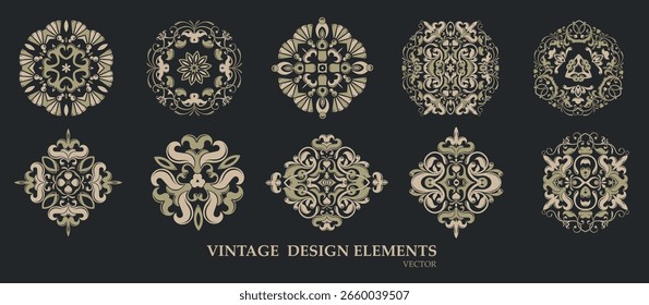 Vector. Elegant selection of round and square ornaments in creamy gold and black palette. Suitable for wedding designs, vintage brands, packaging and prints.