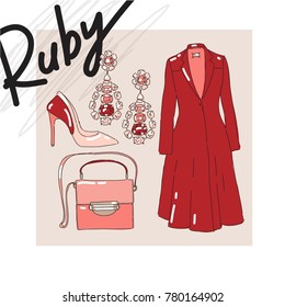 Vector elegant set illustration of woman's clothing  - coat, shoe, handbag and earrings