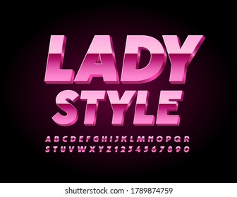 Vector elegant sign Lady Style. Pink Metal Font. Glamour 3D shiny Alphabet Letters and Numbers