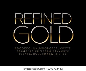 Vector elegant sign Refined Gold. Business elite Font. Chic shiny Alphabet Letters and Numbers