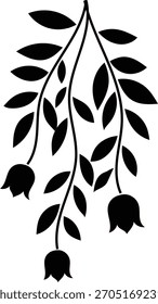 Silhueta elegante vetorial de um ramo floral em queda com folhas e três flores em forma de sino, ideal para design decorativo