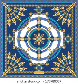 vector elegant square pattern, fashion head scarf design with gold chains, navy blue and gold