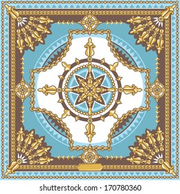 vector elegant square pattern, fashion head scarf design with gold chains, blue and gold