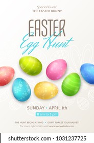 Vector elegant template of a poster for Easter Egg Hunt with colored eggs with floral patterns. Festive background for design of holiday flyers, newsletters and banners.